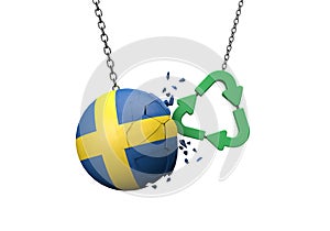 Green recycle symbol crashing into a Sweden flag ball. 3D Rendering