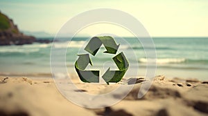 Green recycle symbol or eco sign on the beach and blurred sea background, sustainability and protect enviornment concept.