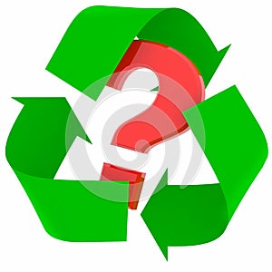 Green recycle symbol with red question mark inside on it