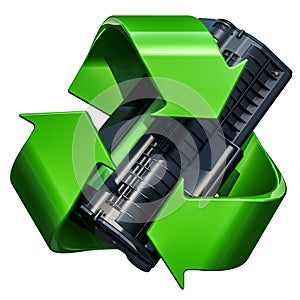 Green recycle symbol with toner cartridge, 3D rendering