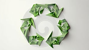 Green recycle symbol on white background, eco papercut nature concept. Environment, ecology, Earth day concept