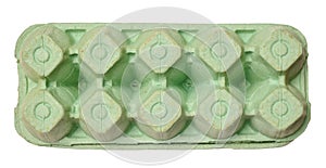 Green recycled egg carton box on isolated background, storage