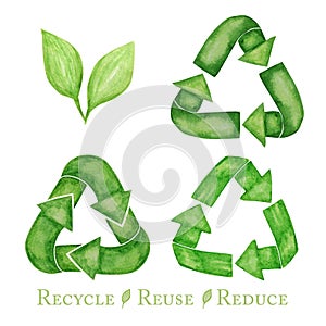 Green Recycled green arrows icon set. Watercolor hand drawn illustration isolated on white background. Ecological design