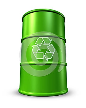 Green recycling barrel in oil drums