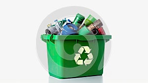 A Green recycling bin full of recyclable items isolated on a white background. Generative Ai