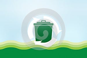 Green recycling bin on green wave background. Ecology and Environment concept. Vector Illustration