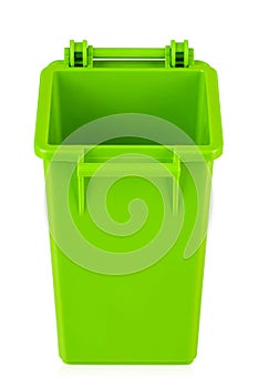 Green recycling bin isolated on white background. Trash bin. File contains clipping path