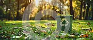 Green recycling bin in a lush forest setting