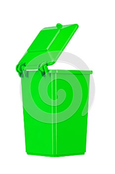 Green recycling bin with open lid isolated on white background. Trash bin. File contains clipping path