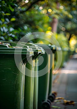 Green recycling bins in row. A green garbage bins