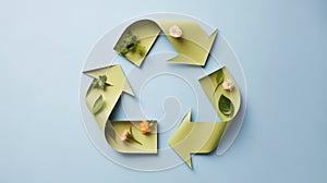 Green recycling sign with leaves and flowers, on blue. Environment, ecology, Earth day concept