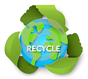 Green recycling sign, planet Earth globe, vector paper cut illustration. Recycle, World Environment Day, save planet.