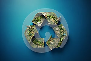 Green recycling symbol, blue background. Environmental protection, ecology, recycle concept