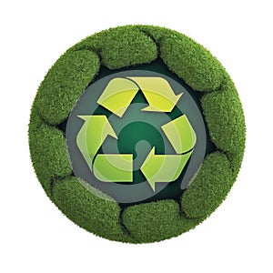 Green recycling symbol on a grass-covered globe, symbolizing eco-friendliness