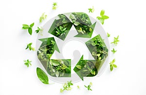 Green recycling symbol with green leaves. Ai generative