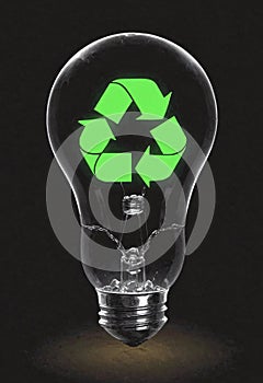 Green recycling symbol inside circle light bulb, glass font