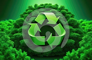 Green recycling symbol on lush mossy background, representing eco-friendliness and sustainability