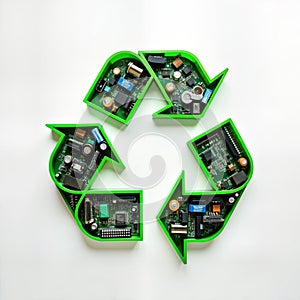 Green recycling symbol made of electronic waste. Eco-friendly reuse concept. Sustainable tech solution for waste management. photo
