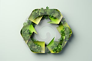 Green recycling symbol with plants and leaves on plain background, isolated on pastel background