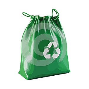 Green recycling symbol on plastic bag full of garbage