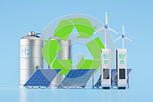 Green recycling symbol and solar panels, wind power station and EV, hydrogen