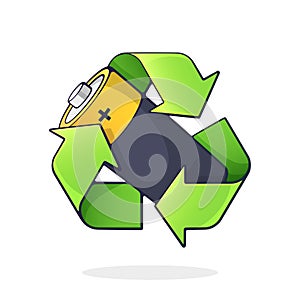 Green recycling symbol with used alkaline battery inside. Problems of waste processing, ecology and saving the Earth