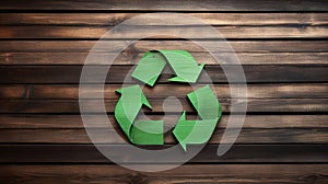 Green Recycling Symbol on wooden background, environment, ecology, Earth day concept