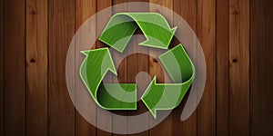 Green Recycling Symbol on Wooden Plank Background. Generative AI