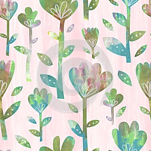 Green and red acrylic floral seamless pattern on light pink background. Hand-painted cute spring flowers