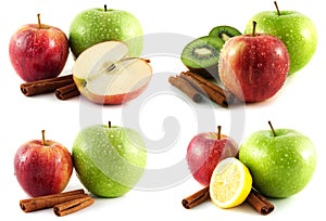 Green and red apple, kiwi, lemon set on white