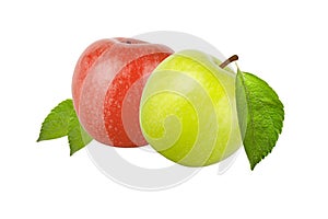 Green and red apple with leaf isolated on white background