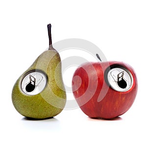 Green and red apple with metallic can opening