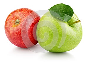 Green and red apples with leaf isolated on white