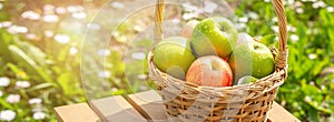 Green and red apples in wicker basket on wooden table Green grass in the garden Harvest time Horisontal banner