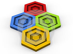 Green, red, blue and yellow hexagon puzzle pieces