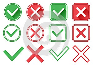 Green and red buttons. Green check mark and red cross. Right and wrong. Vector illustration