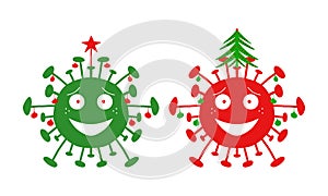 Green and red cartoon coronavirus bacteria with christmas tree, balls, and star
