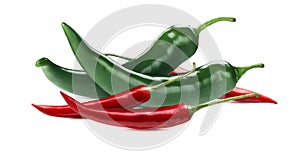 Green red chili peppers on white background