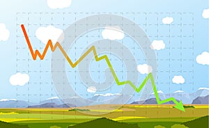 Green and red decrease stocks graph on sunny nature landscape