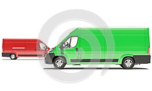 Green and Red Delivery Vans in Opposite Directions
