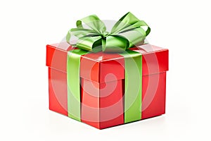 green and red gift box with a ribbon and a bow on a white background