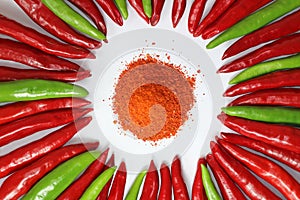 Green, red and ground paprika from the home garden