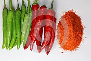 Green, red and ground paprika from the home garden