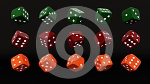 Green, Red And Orange Dices With Golden Dots - 3D Illustration