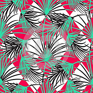 Green and red palm leaves and harlequin rhombs seamless vector pattern. photo