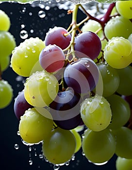 green, red and purple grapes sitting under water splashing off a pipe