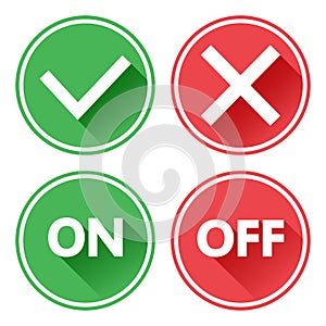 Green and red set of buttons. Yes and No check marks. On and Off. Vector