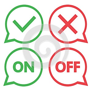 Green and red set of chat icons. Yes and No check marks. On and Off. Vector