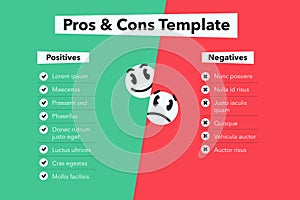 Green-red simple infographic for pros and cons with funny emoji symbols