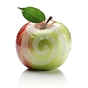 Green and red single realistic shiny apple with water drops on white background. AI generative illustration